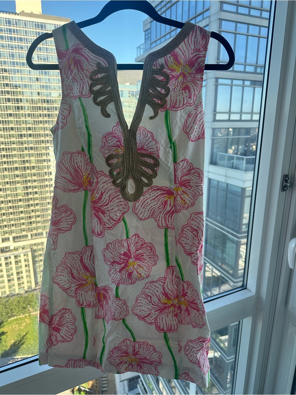Lilly Pulitzer White Dress with Pink Floral Print and Green Stems